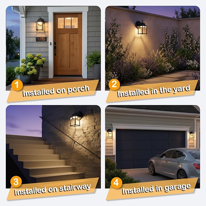 LIT-PaTH Dusk to Dawn Outdoor Wall Lantern, LED Wall Sconce, 3000K Warm White, 9.5W, 800 Lumen, Aluminum Housing Plus Glass, Outdoor Rated, 2-Pack, Black