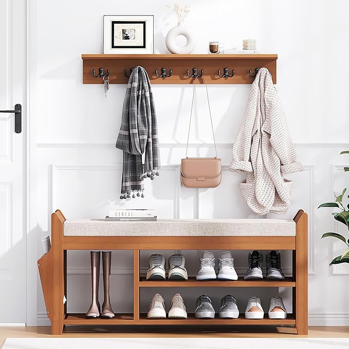 39.4" Shoe Bench with Coat Rack Hidden Drawer and Side Holder, 2 Tier Entryway Bench with Storage, Bamboo Shoe Rack with Cushion for Entryway Hallway Living Room Bedroom