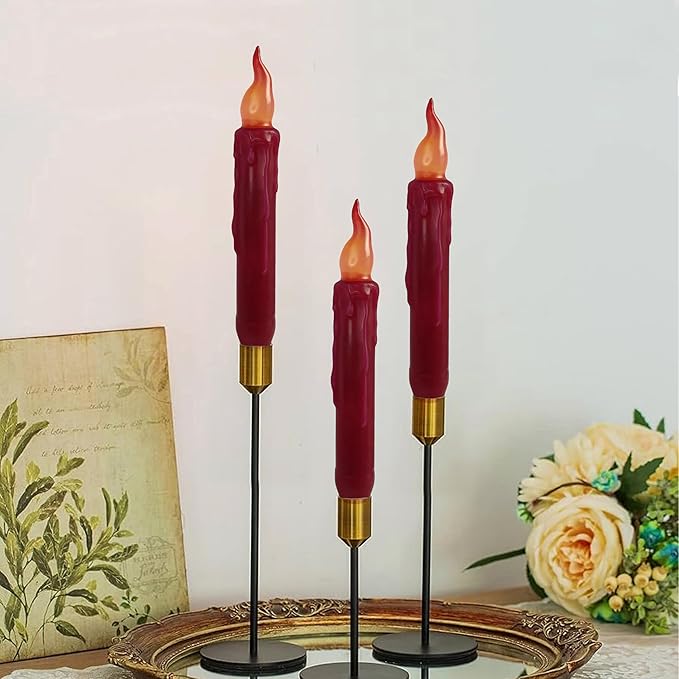 Burgundy Flameless Short Taper Candles, Real Wax Hand Dipped Dark Red LED Battery Operated with Remote, Flickering Flame Lights for Festival Home Décor, 6.7 Inch Primitive Flameless Candles, 2PCS