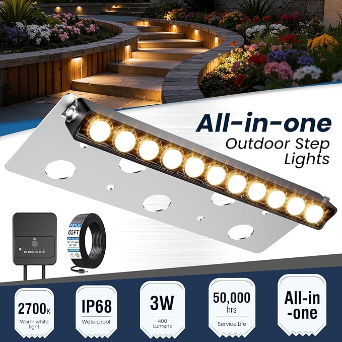 ZZXX All-in-One Retaining Wall Lights with Transformer, 2700K Hardscape Lighting, Low Voltage Landscape Lighting, IP68 Waterproof Outdoor Step Lights Fence Decor for Patio Stairs, 3W Lights 8-Pack
