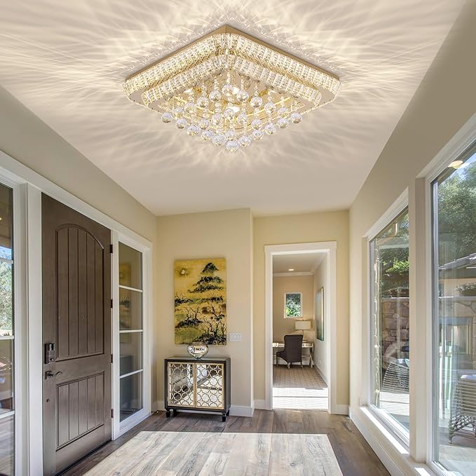 REDSTAR 24" Gold Crystal Ceiling-Light Flush Mount with Remote and APP, 3 Colors Temp & Brightness Adjustable, Modern Crystal Raindrop Chandeliers for Bedroom Hallway Dinning and Living Rooms-Square