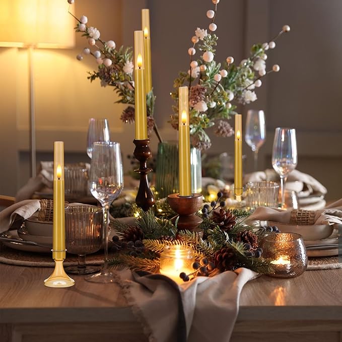 Gold Flameless LED Taper Candles with Remote and Timer, 6 Pack Battery Operated Candles 9.25"x0.75" for Xmas Wedding Decor, 3D Flickering Flameless Candles with Acrylic Candlesticks