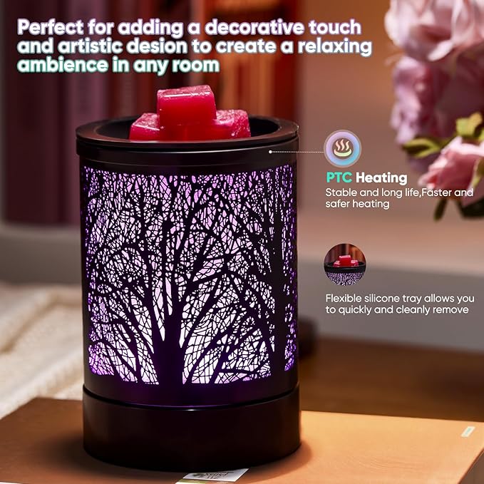 Fragrance Wax Melts Warmer with 7 Colors LED Changing Light Classic Black Forest Design Scent Oil Candle Warmer for Home Black Tree Timer