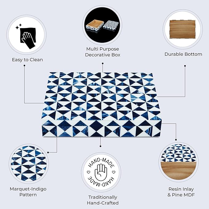 Handicrafts Home Blue and White Decorative Storage Box with Lid – Slim Rectangular Storage Box, Handmade Resin Inlay Wooden Box, Remote Holder, Desk Organizer, Decorative Keepsake & Jewelry- 6x8x1.5