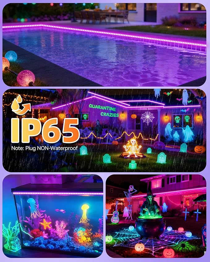 IP65 Waterproof LED Black Light Strip Kit 40ft/12M 720 LEDs, 12V Flexible Blacklight Fixtures, 385-400nm, Black Light LED Strips for Glow Party Body Paint Outdoor Indoor Decor Birthday Party Halloween