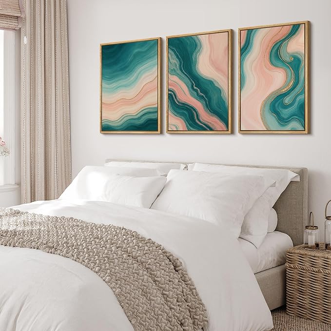 wall26 Framed Canvas Print Wall Art Set Flowing Teal and Blush Marble-Inspired Abstract Illustrations Modern Art Decorative Multicolor for Living Room, Bedroom, Office - 24"x36"x3 NATURAL