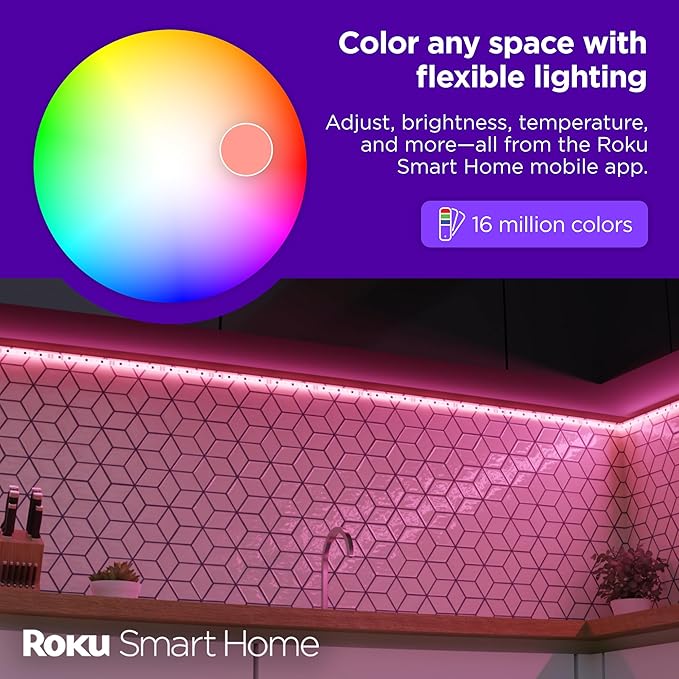 Roku Smart LED Light Strip, 32.8ft - Color Options with Adjustable Brightness & Temperature - Peel & Stick WiFi Smart Strip Lights Works with Roku Voice, Alexa & Google Assistant - Smart Home Products