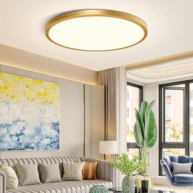 12Inch Gold Flush Mount Ceiling Light Fixture , 24W(240W Equivalent), 3200LM, 4000K Natural White, IP40, Flat Modern Round LED Ceiling Lights for Bedrooms, Living Rooms, Bathrooms, Stairwells, etc.