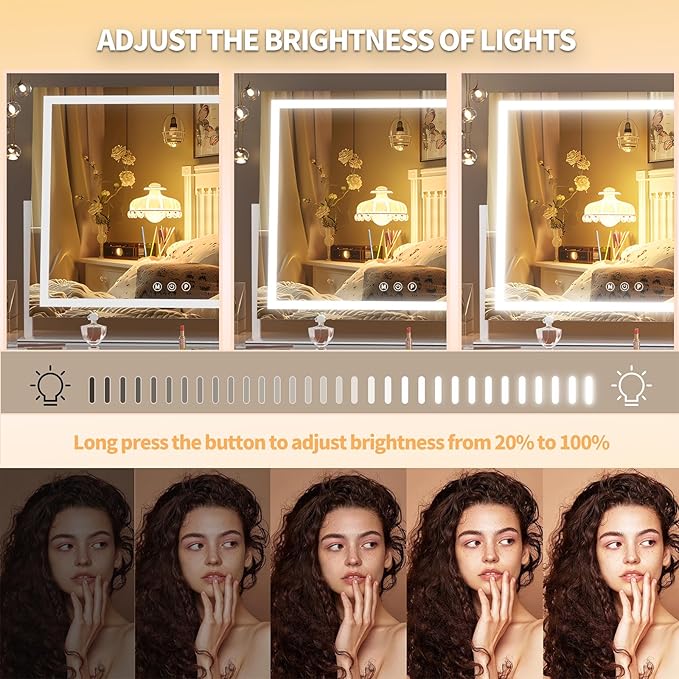 Hasipu Vanity Mirror with Lights, 32" x 24" LED Makeup Mirror, Light up Mirror with 10X Magnification and Phone Holder, USB Charging Port, Smart Touch 3 Colors Dimmable (White)