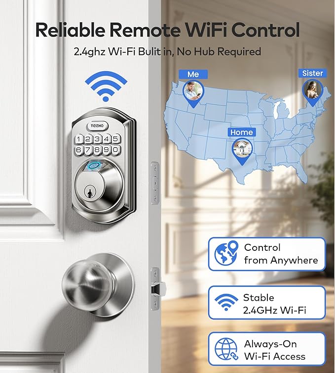 TEEHO TE012W-K WiFi Smart Keyless Entry Door Lock with Handle, Fingerprint Door Knob & Digital Keypad, APP Remote Control, Works with Alexa & Google, Electronic Deadbolt for Front Door, Satin Nickel