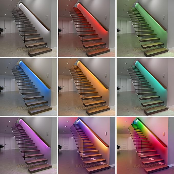 Motion Sensor With Daylight Sensor LED Stair Light Kit KMG-45, 16.4FT RGB Cuttable LED Strip Light for Indoor Handrail stair lights
