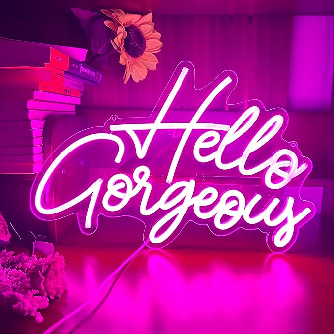 Hello Gorgeous LED Neon Sign Glow Night Light Neon Wall Birthday Party Wedding Bar Club Pink Background Decoration Dimmable Switch Daughter Women Mom Girl Gift USB Powered 5V