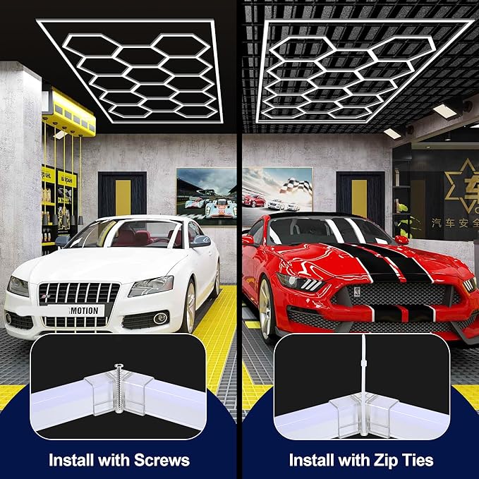 MODERN Hexagon LED Light: 14-Grid Honeycomb System with Border, 720W 86400LM 6500K Daylight for Garage, Car Detailing & Exhibition Hall Lighting