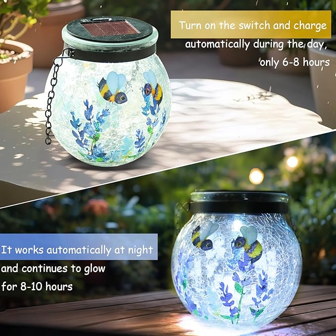 WONDER GARDEN Solar Lanterns Outdoor Waterproof, 3 Pack Hanging Solar Lights Decorative, Sunflower Hummingbird Bee Glass Garden Lantern Light for Yard Outside Patio Outside Decor Gift, White Light