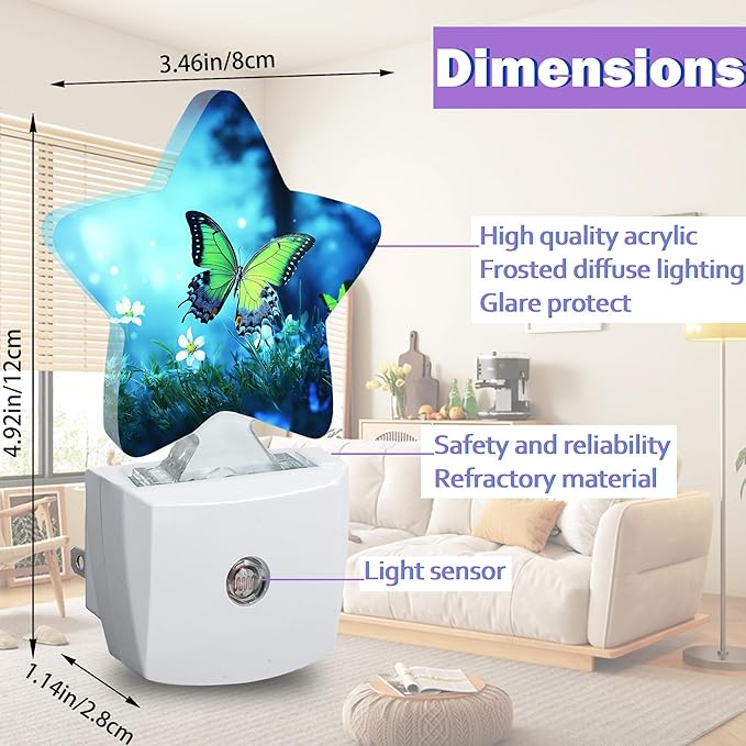 Green Butterfly Night Lights Plug Into Wall Decorative,Fantasy Forest Flower Sleep Friendly Lamp, Energy Efficient Dusk-to-Dawn Sensor Nightlights for Kid Bedroom Nursery Bathroom