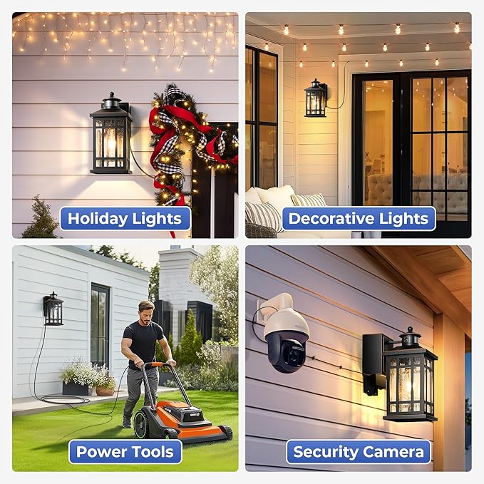 Outdoor Wall Lighting with GFCI Outlet, Modern Black Exterior Light Fixtures with Gold Trim, Aluminum Anti-Rust Outside Lights for House, Porch, Garage, Adjustable Sensitivity & Brightness