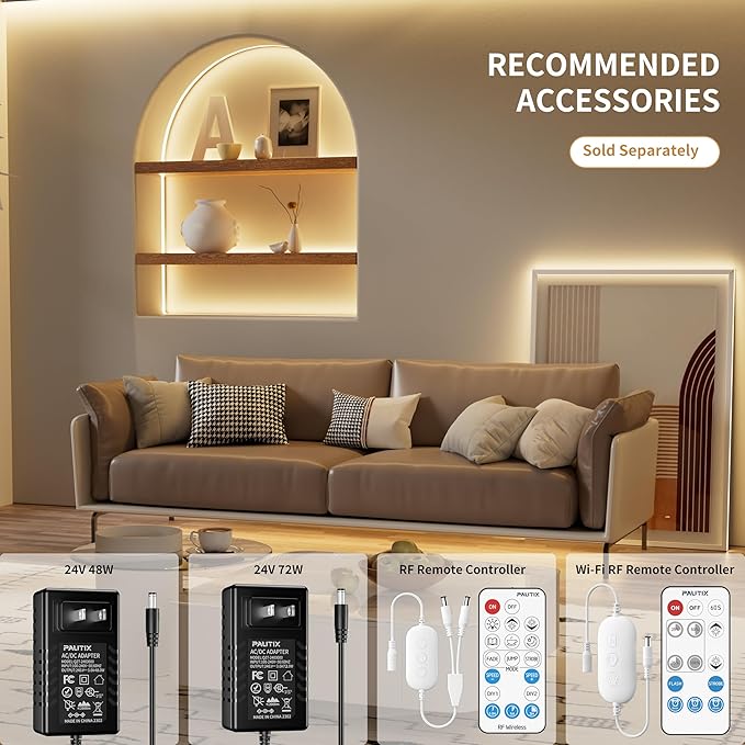 PAUTIX COB LED Strip Light IP65 Waterproof Warm White 3000K,UL-Listed 20ft/6.1m CRI 90+ Super Bright 24V LED Tape Light for Cabinet/Home/Office DIY Lighting Projects(Adapter & Dimmer Not Included)
