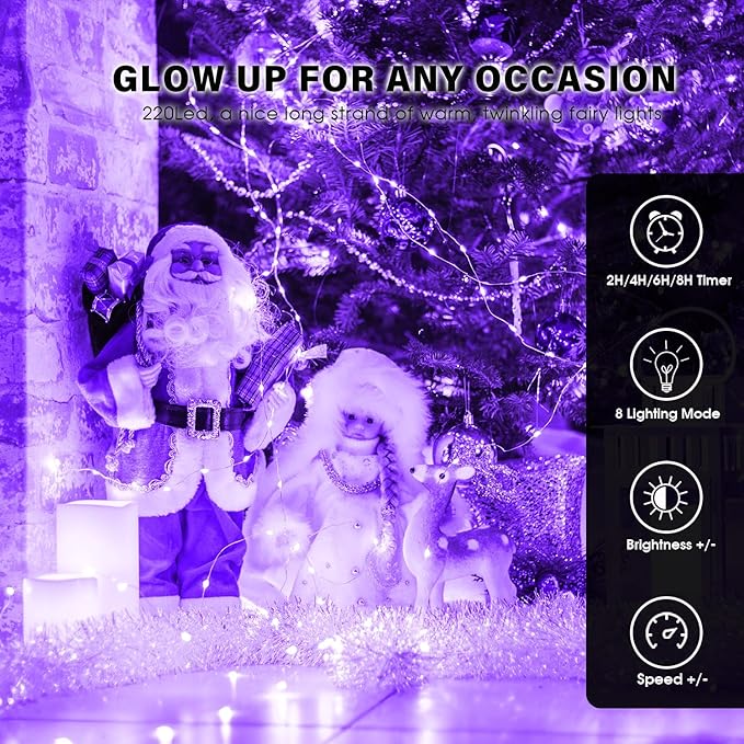 Fairy Lights 66ft 200 LED USB Twinkle String Lights Plug in Silver Wire Lights with Remote and Timer 8 Modes Outdoor Waterproof Starry Lights DIY Party Wedding Christmas Decoration（Purple）