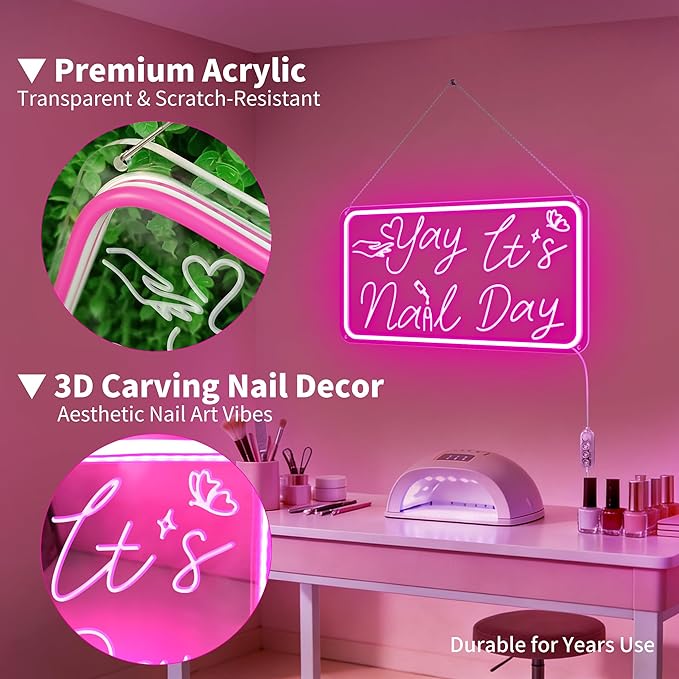 Yay It's Nail Day Neon Sign, Pink Neon Sign with 3D Carving Butterfly，Nails Neon Signs for Wall Decor, Bedroom - 3-Mode Dimmable USB Powered Salon Decor, Gifts for Nail Tech 16x8.8 Inches