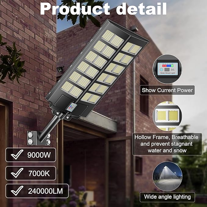 Solar Street Lights Outdoor Waterproof Dusk to Dawn, Large 9000W Outdoor Floodlight LED Motion Sensor, 7000K Wide Angle Parking Lot Flood Lamp Remote Control for Yard Garden