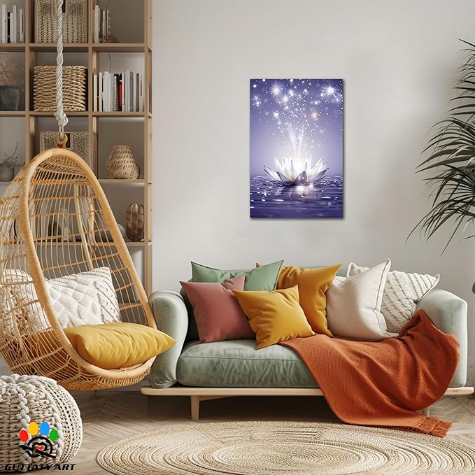 Zen Canvas Wall Art, White Lotus Flower Bloom in Water Picture, Zen Blue Flower Painting, Modern Framed Spiritual Home Artwork for Yoga Spa Meditation Spiritual Room Living Room Office 18x24 inch