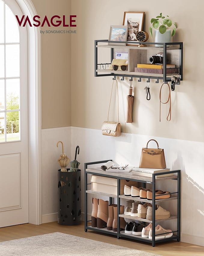 VASAGLE Hall Tree with Shoe Bench, Coat Rack Shoe Bench Set, Entryway Furniture, Multifunctional, 12 Metal Hooks, 4-Tier Shoe Rack, for Entryway, Bedroom, Heather Greige ULSB107K02