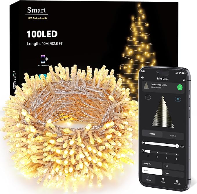 Brizled Smart String Lights Warm White, 32.8ft 100 LED String Lights Work with Alexa & Google Home, Dimmable APP Fairy Light Music Sync Xmas Tree Light Clear Wire for Home Christmas Tree Party Decor