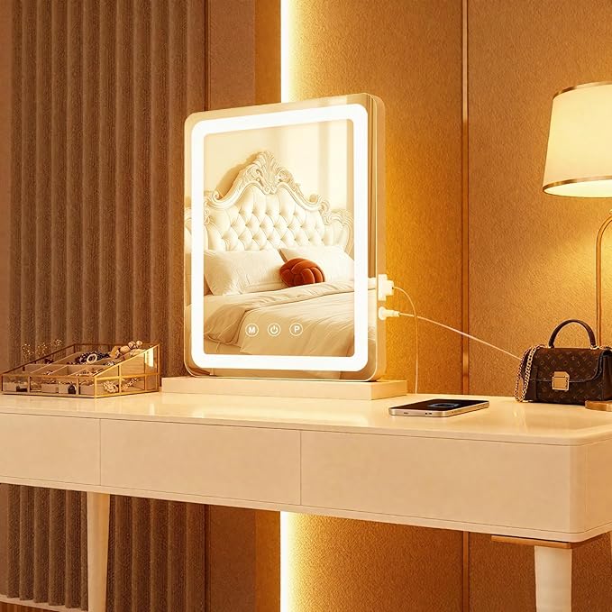Vanity Mirror with Lights, LED Makeup Mirror with 3-Color Dimmable Lighting, Smart Touch Control, Memory Function, Tabletop Lighted Mirror for Bedroom, Dressing Room