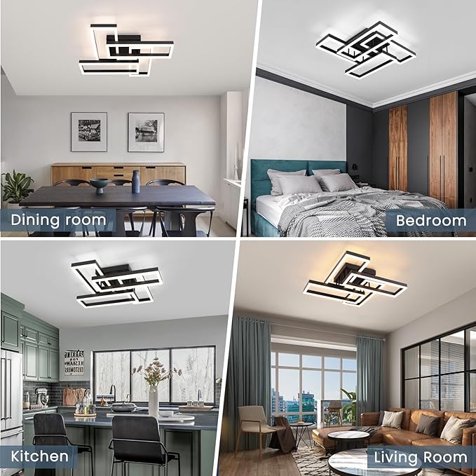 Modern Led Ceiling Light for Living Room,Black Flush Mount Ceiling Lights with Remote Control&APP，3000-6500K Dimmable, 54W Acrylic Ceiling Lamp for Bedroom Kitchen Dining Room