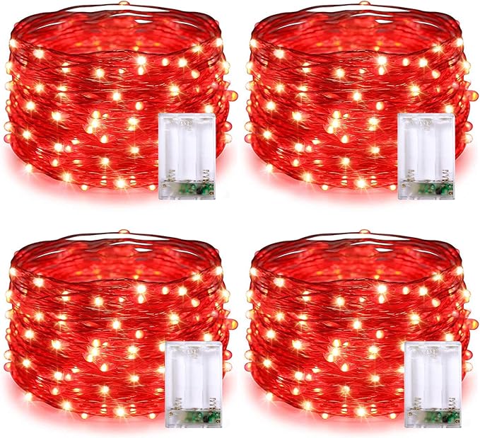 JMEXSUSS 4 Pack 50 LED Red Fairy Lights Battery Operated, 16.1ft Christmas Fairy Lights, Red String Lights for Bedroom Wedding Party Holiday Decorations