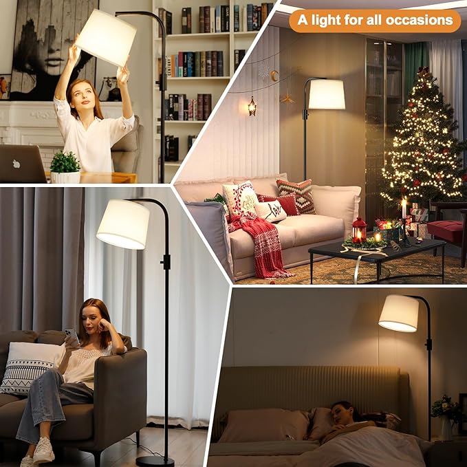 Ambimall 𝐅𝐮𝐥𝐥𝐲 𝐃𝐢𝐦𝐦𝐚𝐛𝐥𝐞 Floor Lamp - Floor Lamps with 9W 𝐋𝐄𝐃 Bulb, Standing Lamps for Living Room with Adjust Head, Modern Standing Tall Light Rotary Switch for Office(Black and White)