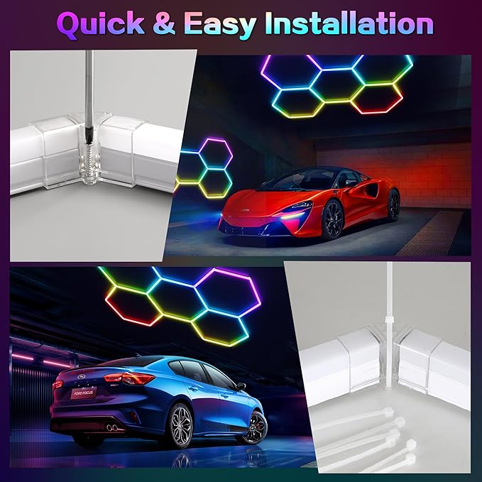 RGB Hexagon Garage Lights 240W - 356 Colors Mode w/Music Sync, 24 Pack Bright LED Honeycomb Panels for Garage, Barber, Home Theater, Game Room & Man Cave