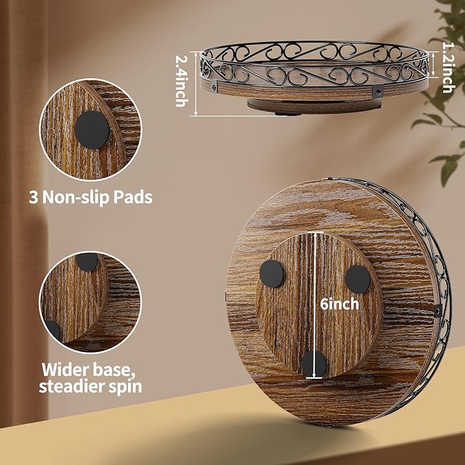 Yoobure 13" Lazy Susan Turntable for Cabinet - Farmhouse Wooden Round Tray for Table Top, 360° Rotating Lazy Susans Counter Organizer with Patterned Raised Edge for Kitchen Decor, Rustic Brown