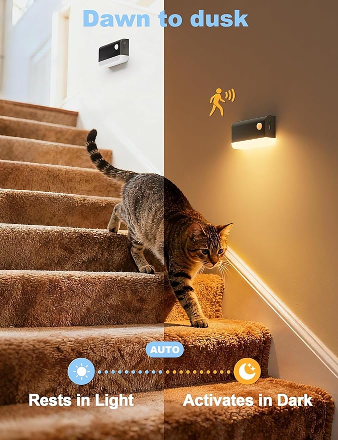 VOLISUN Motion Sensor Night Light, Rechargeable Stair Lights Indoor, Battery Operated Night Light for Hallway, Stairway, Bathroom, Bedroom, Kitchen, 3 Modes & 3 Color Temperatures(6 Pack Black)