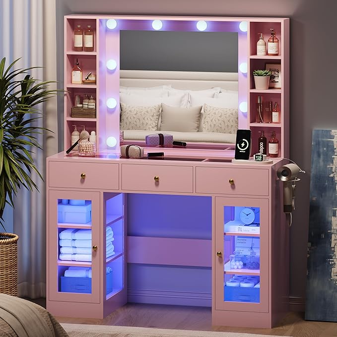 Makeup Vanity Desk with Mirror and Lights, Glass Top Vanity Table Set with Drawers & Power Outlet, Large Dressing Table with 3 Color Lighting Modes & RGB Cabinets for Women Girls Kids Bedroom, Pink