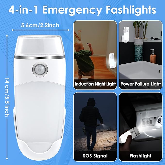 Enhon 4 Pack 4 in 1 LED Rechargeable Plug in Flashlights, LED Emergency Lights Plug in Power Outage Light with Motion Detection for Stairs, Hallway