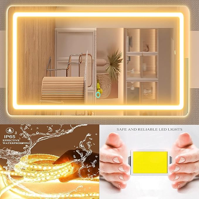 Makeup Vanity Mirror with USB Charging Port 19" L x 24" W LED Makeup Mirror, Desk Mirorr with Lights, Light up Mirror with 10X Magnification and, Dimmable 3 Modes, Touch Control Gold