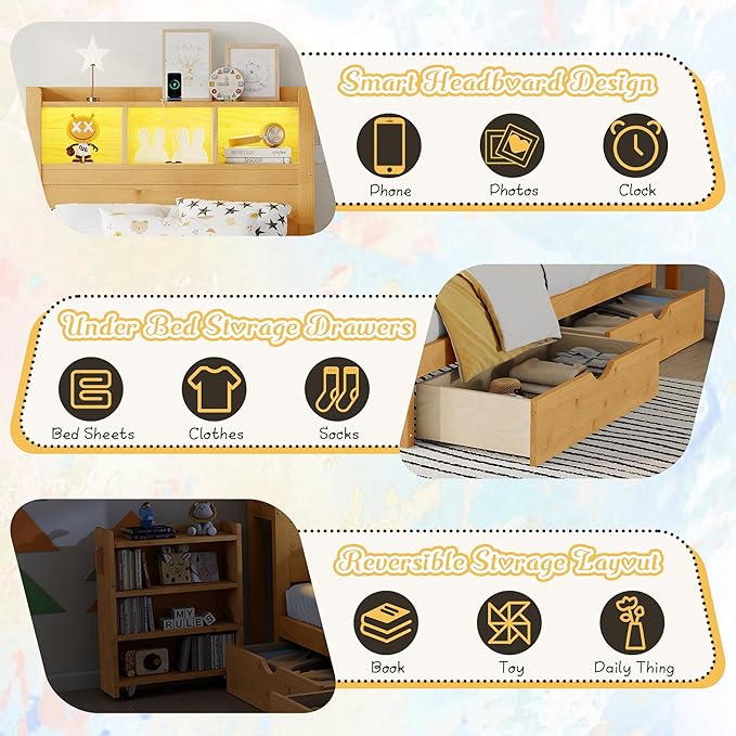 Kids Twin Bed Frame with Drawers & Storage Headboard, Solid Wood Platform Bed with Pull-Out Cabinet, Built-in LED Light & Charging Station, No Box Spring Needed, Natural