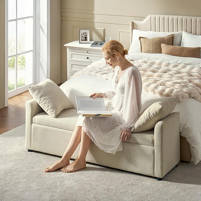 59.5" Modern Storage Ottoman Bedroom Bench, End of Bed Bench with Arms and Throw Pillows, Footrest Stool for Living, Dining Room, Entryway and Hallway, Beige