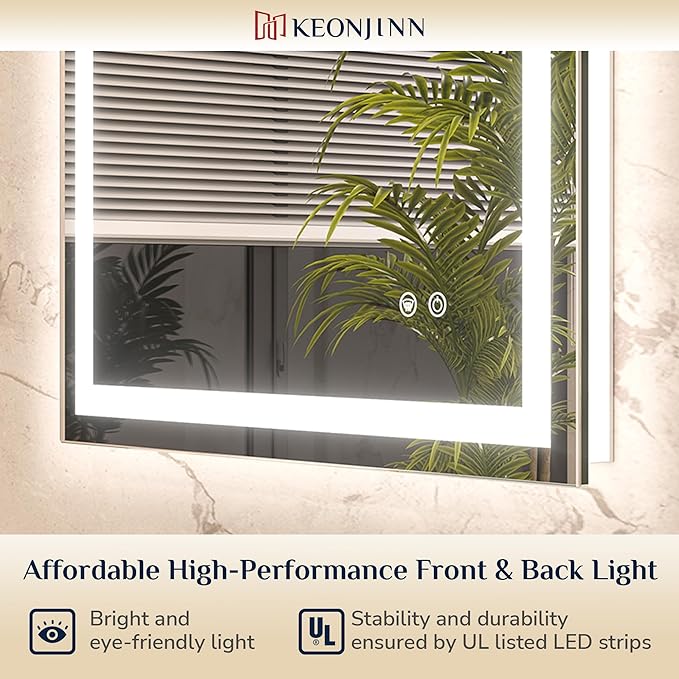 Keonjinn 48 x 24 Inch LED Bathroom Mirror with Lights, Bighter Frontlit & Backlit Vanity Mirror with Stepless Dimmable 3-Color, Anti-Fog Mirror for Wall, HD Tempered Glass, Memory Founction, CR90+