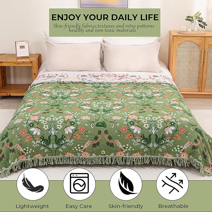 Boho Throw Blanket 80"x90", 100% Cotton Ultra Soft Luxury Throw for Couch and Sofa Blankets Home Decor, All Season Florals and Animals Throw Reversible Breathable Cozy Blankets