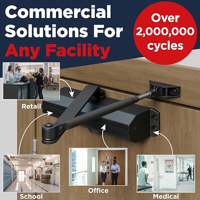 Commercial Heavy Duty Automatic Door Closer, ADA UL Grade 1 Listed Self Closing Door Hinges, Door Closers Commercial High Traffic, Auto Door Closer, Hydraulic Spring Soft Close - Black
