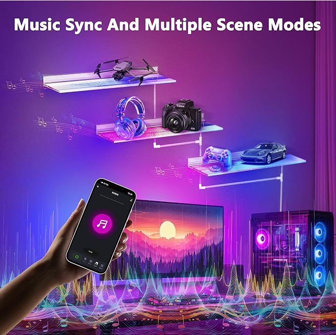 VST Modern Acrylic LED Wall-Mounted Bar Shelves, 3-Pack RGB Backlit Floating Liquor & Wine Display with Aluminum Profile Frame | APP/Voice Control Mood Lighting for Home Bar & Game Room
