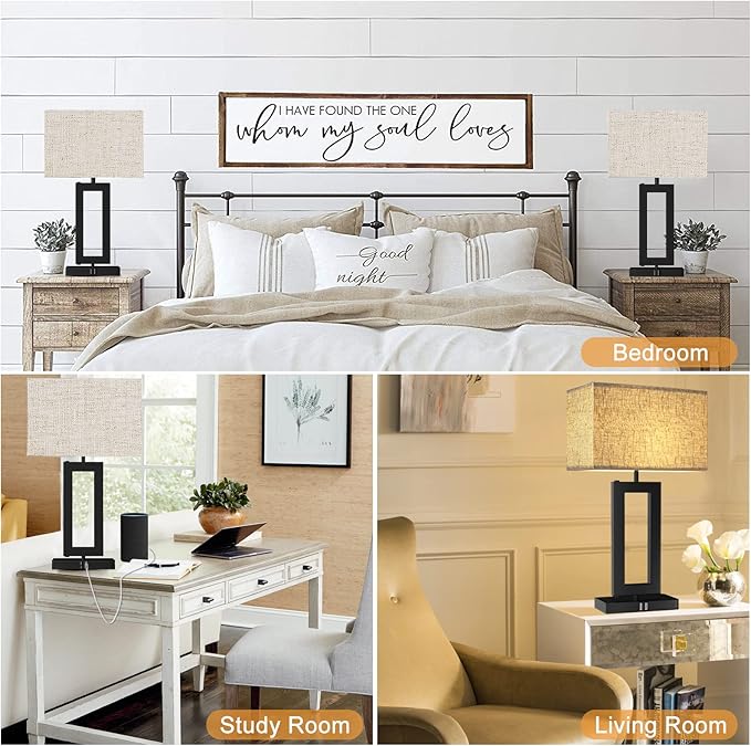 Tall Table Lamps for Living Room Set of 2, Modern Bedside Lamps w. 2 USB Ports, 3-Way Dimmable Touch Control Nightstand Lamp Set w. Fabric Cream Shade for Bedroom End Table, 22 in