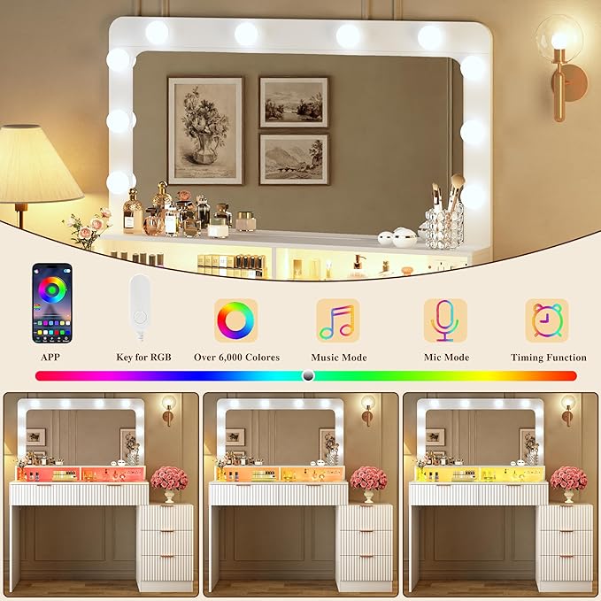 Fluted Vanity Desk with Mirror and Lights, Makeup Vanity Desk with Glass Top, Nightstand & Fluted Panel Design, 5 Drawers, 3 Colors Lighting Adjustable Brightness, Power Outlet, White