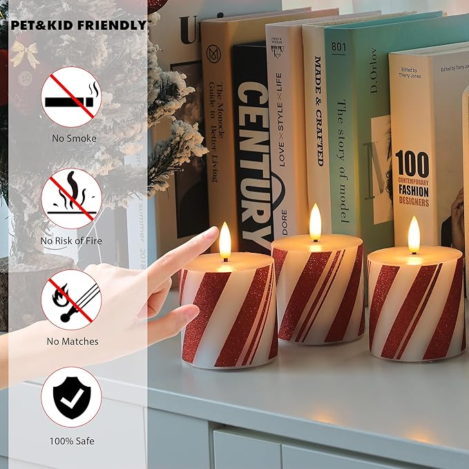 Christmas Candy Cane Stripe Flameless Pillar Candles, Real Wax Red and White Battery Operated Flickering Candles with Timer for Xmas Holiday Home Decoraction, Set of 3(3"x3")