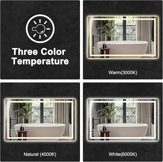 55x36 LED Bathroom Mirror with Lights, Anti Fog Vanity Mirror Wall Mounted, Dimmable Front Light and Backlight, Memory Function Tempered Glass, Shatter Proof ETL Listed