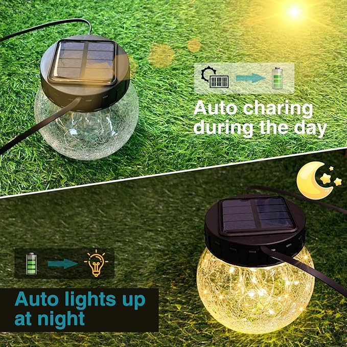 Kolpop Solar Lantern, 2 Pack Solar Lights Outdoor Waterproof with 30 LED, Hanging Globes Lights Cracked Glass for Garden Decor Patio Backyard Outdoor,Warm White