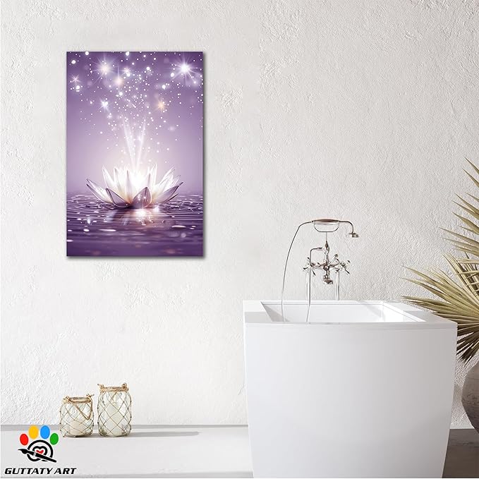 Zen Canvas Wall Art, White Lotus Flower Bloom in Water Picture, Zen Blue Flower Painting, Modern Framed Spiritual Home Artwork for Yoga Spa Meditation Spiritual Room Living Room Office 12x18 inch