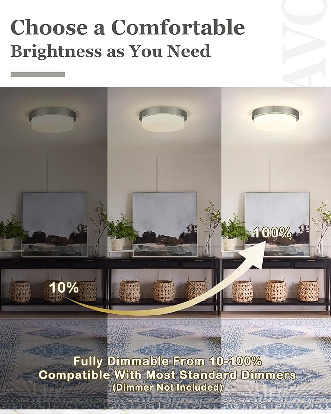 Flush Mount Ceiling Light, 13inch Close to Ceiling Light Fixtures 24W 2200LM Dimmable 2700K/3000K/4000K/5000K/6000K LED Ceiling Lamp for Kitchen Bedroom Hallway, Brushed Nickel, AD-22008-L-SN